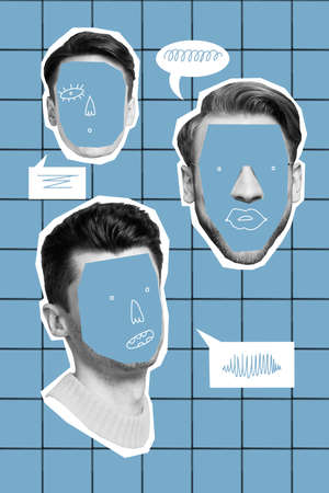 Vertical collage illustration of three guy heads drawing face speak communicate dialogue bubble isolated on checkered backgroundの写真素材