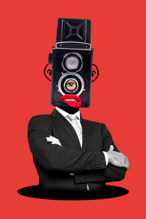 Photo artwork minimal picture of funny funky man vintage camera instead of head isolated drawing backgroundの写真素材