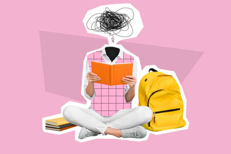 Collage photo creative artwork sketch of weird person tired schoolgirl sit floor read book decide consider isolated on painting backgroundの写真素材
