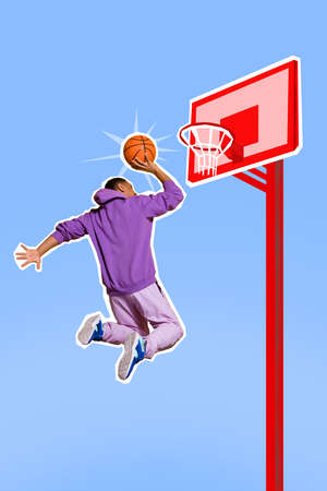 Magazine poster collage of sporty guy jump high score final goal in game isolated on blue color...
