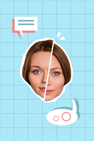 Vertical collage picture of girl head divided face chatting communicate bubble isolated on checkered...