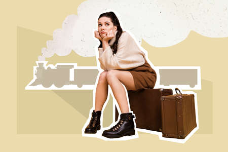 Poster collage of unhappy lady sit on retro bags miss her rain travel departure isolated on beige...