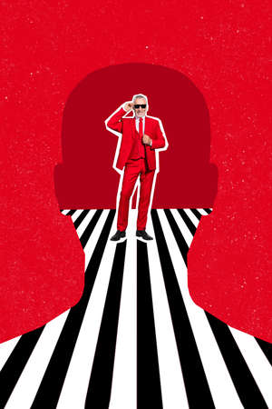 Artwork magazine picture of funny funky guy wear red tuxedo standing inside head silhouette isolated drawing backgroundの写真素材
