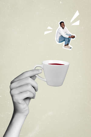 Vertical collage image of overjoyed small guy falling huge arm hold coffee cup isolated on painted backgroundの写真素材
