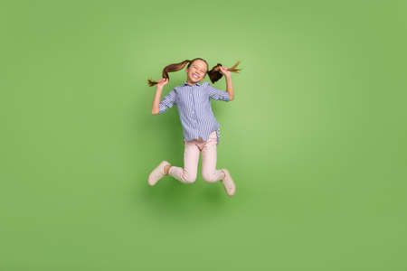 Photo of excited student year kid jump high hold hairstyle tails wear striped shirt isolated bright color backgroundの写真素材