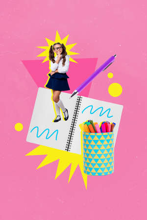 Vertical collage image of minded happy smart girl huge notebook pen pencil cup case isolated on pink backgroundの写真素材