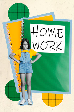 Vertical poster collage of small girl near homework wear casual cloth isolated on painting grey color backgroundの写真素材