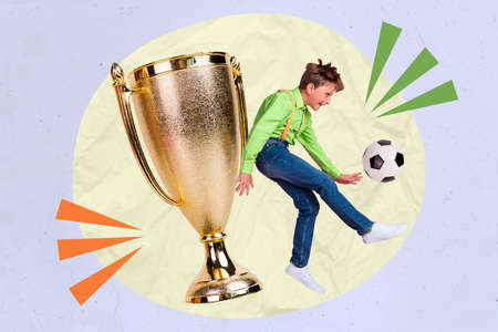 Banner collage of little boy play football wear casual cloth isolated on drawing light color...