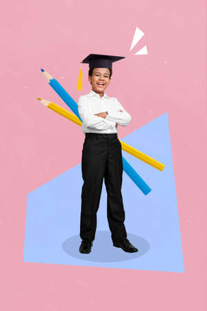 Vertical composite collage of happy smiling small boy folded arms wear mortarboard big pencil isolated on creative backgroundの写真素材