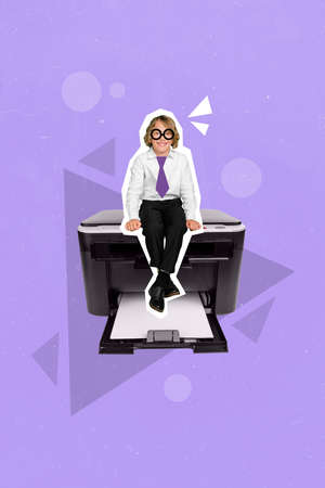 Vertical collage picture of funky small boy sitting big electronic printer isolated on painted...