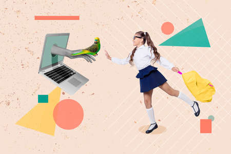Banner collage of little girl look laptop wear uniform isolated on painting light color background