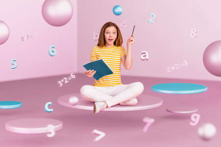 Poster collage of little girl do homework wear casual cloth isolated on drawing violet color...