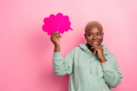 Photo of pretty female brainstorming generate creative idea look blank space isolated on pink color backgroundの写真素材