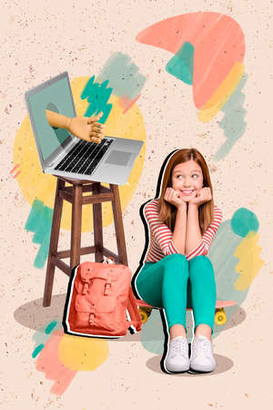 Vertical poster collage of little girl sit look laptop wear casual cloth isolated on drawing light color backgroundの写真素材