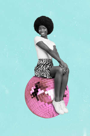 Artwork magazine picture of happy smiling lady sitting big huge disco ball isolated drawing...