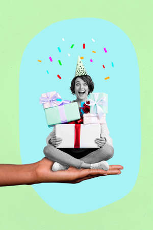 Ð¡reative 3 d collage image sketch postcard graphics of happy girl sit huge big arm hold presents...