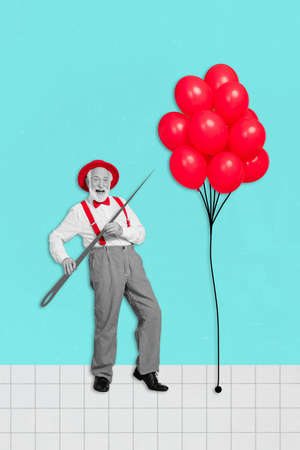 Photo collage image sketch postcard poster graphics of grandfather hold huge big needle want burst balloon isolated on painting backgroundの写真素材