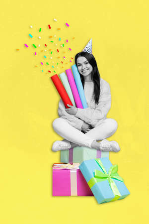 Ð¡reative 3d collage image sketch poster graphics of happy girl sit birthday boxes hold presents...