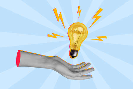 Composite collage illustration of human hand black white colors hold light bulb painted energy...