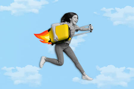 Artwork magazine picture of happy smiling lady flying suitcase rocket isolated drawing backgroundの写真素材