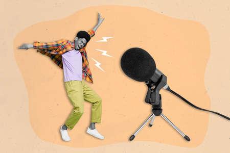 Creative drawing collage picture of energetic enthusiastic radio podcast host announcing breaking news big microphone painting backgroundの写真素材