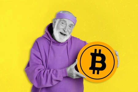 Creative drawing collage picture of modern retired man hold big bicoin gold coin symbol crypto cryptocurrency token nft trader wear hoodieの写真素材