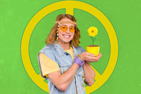 Collage photo of young funny smiling guy hold yellow vase gerbera flower good mood hippie symbol...