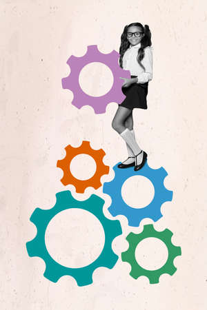 Vertical collage image of little girl black white colors arms hold configuration symbol isolated on creative backgroundの写真素材