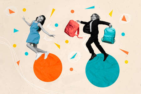 Composite collage image of two excited funny kids black white colors jump hold backpack isolated on...