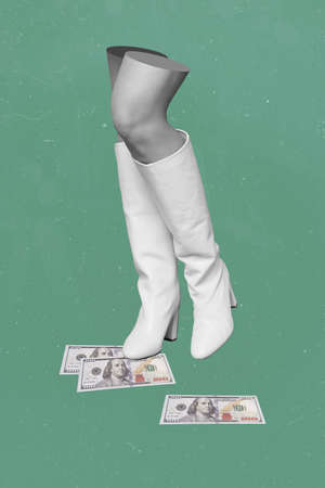 Creative retro 3d magazine image of lady legs wear high heels walking cash isolated painting backgroundの写真素材
