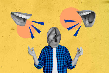 Collage artwork graphics picture of guy ear instead of head practicing yoga listening mouth screaming isolated painting backgroundの写真素材