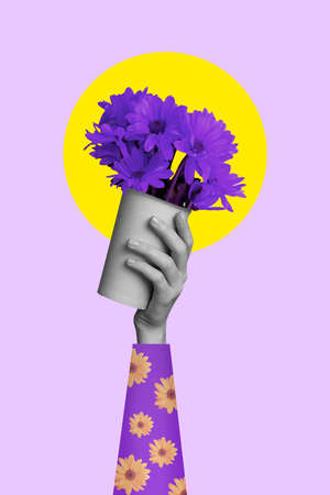 Bright artwork collage of vivid person hold violet chrysanthemum pot anniversary gift isolated painted color backgroundの写真素材