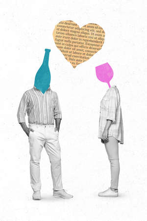 Vertical collage picture of two people black white colors alcohol bottle glass instead head heart shape text paperの写真素材