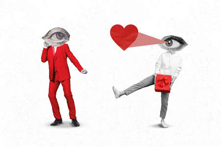 Creative abstract template graphics image of lady guy big huge eyes instead of heads felling in love isolated drawing backgroundの写真素材