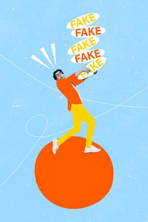 Image collage of guy step round circle prepare fake news on media broadcast isolated blue color...