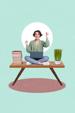 Collage artwork graphics picture of happy smiling lady sitting classroom rising fists isolated...