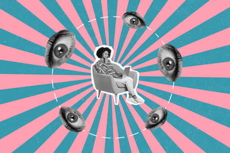 Collage 3d image of pinup pop retro sketch of eye peek happy smiling rising lady typing modern...