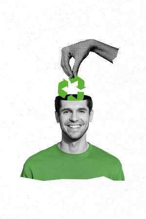 Vertical poster collage of man do recycle isolated on drawing white color background