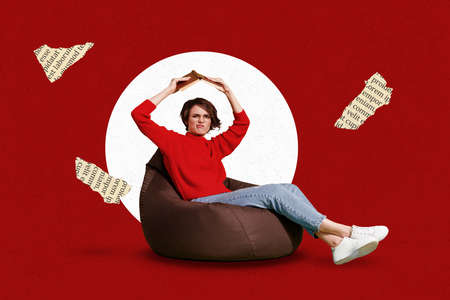 Banner collage of lady not like book sit wear casual cloth isolated on painting red color background