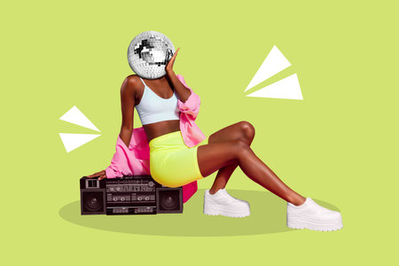 Poster collage of lady sit on boombox disco ball instead head isolated on drawing green color backgroundの写真素材