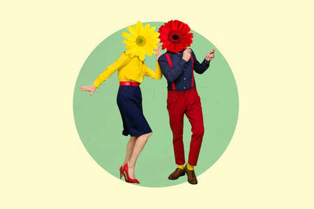 Photo artwork minimal picture of happy funny couple flowers instead of heads isolated drawing backgroundの写真素材