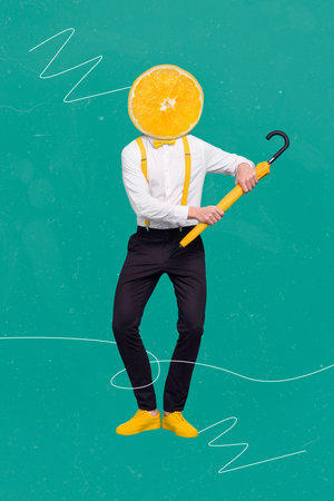 Creative abstract template graphics image of funny funky guy citrus instead of head isolated drawing backgroundの写真素材