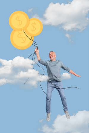 Vertical banner collage of old guy fly hold money isolated on painting blue color backgroundの写真素材