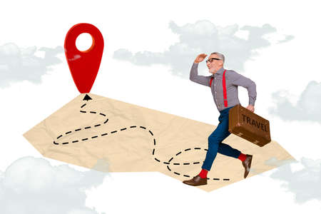 Banner collage of old man run on map isolated on drawing white color backgroundの写真素材