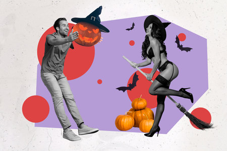 Collage photo of young couple normal guy hold pumpkin head with hat witch lady wear lingerie seduce man isolated on painted backgroundの写真素材