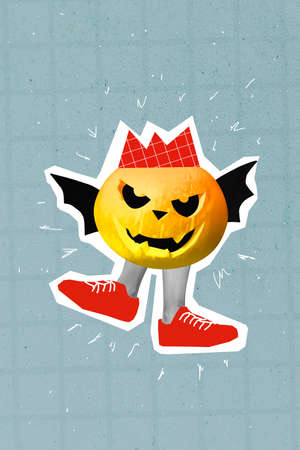 Photo artwork minimal picture of funky funny jack o lantern wear crown walking human legs flying bat...