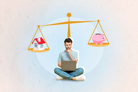 Composite collage picture of minded guy use netbook think contemplate new house vs savings pig scales isolated on creative backgroundの写真素材