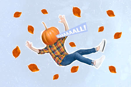 Photo of funny person dressed checkered shirt pumpkin instead head falling autumn leaves in air hands up isolated on blue color backgroundの写真素材