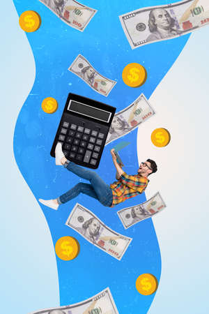 Vertical collage picture of excited successful guy flying use netbook dollar banknotes coins calculator isolated on drawing backgroundの写真素材