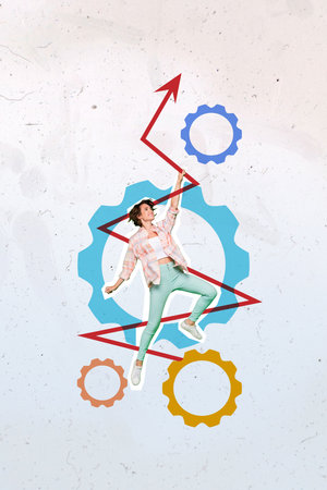 Vertical creative painting collage artwork poster of hardworking lady hand hold line raise reach dream isolated on drawing backgroundの写真素材